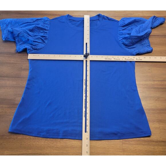 Blue Ruffle Blouse Large Short Sleeve Flutter Lace Trim Top - Picture 6 of 6